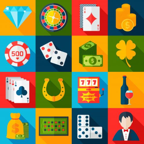 färgrikt kollage med 16 casinorelaterade bilder